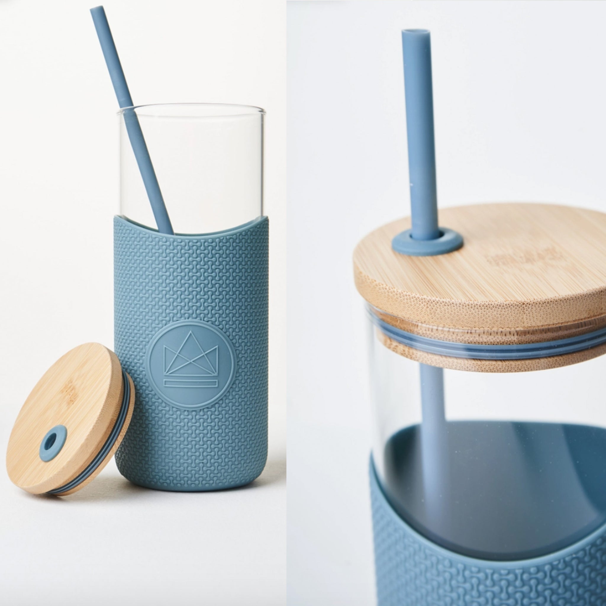 Blue Glass Water Bottle with Straw