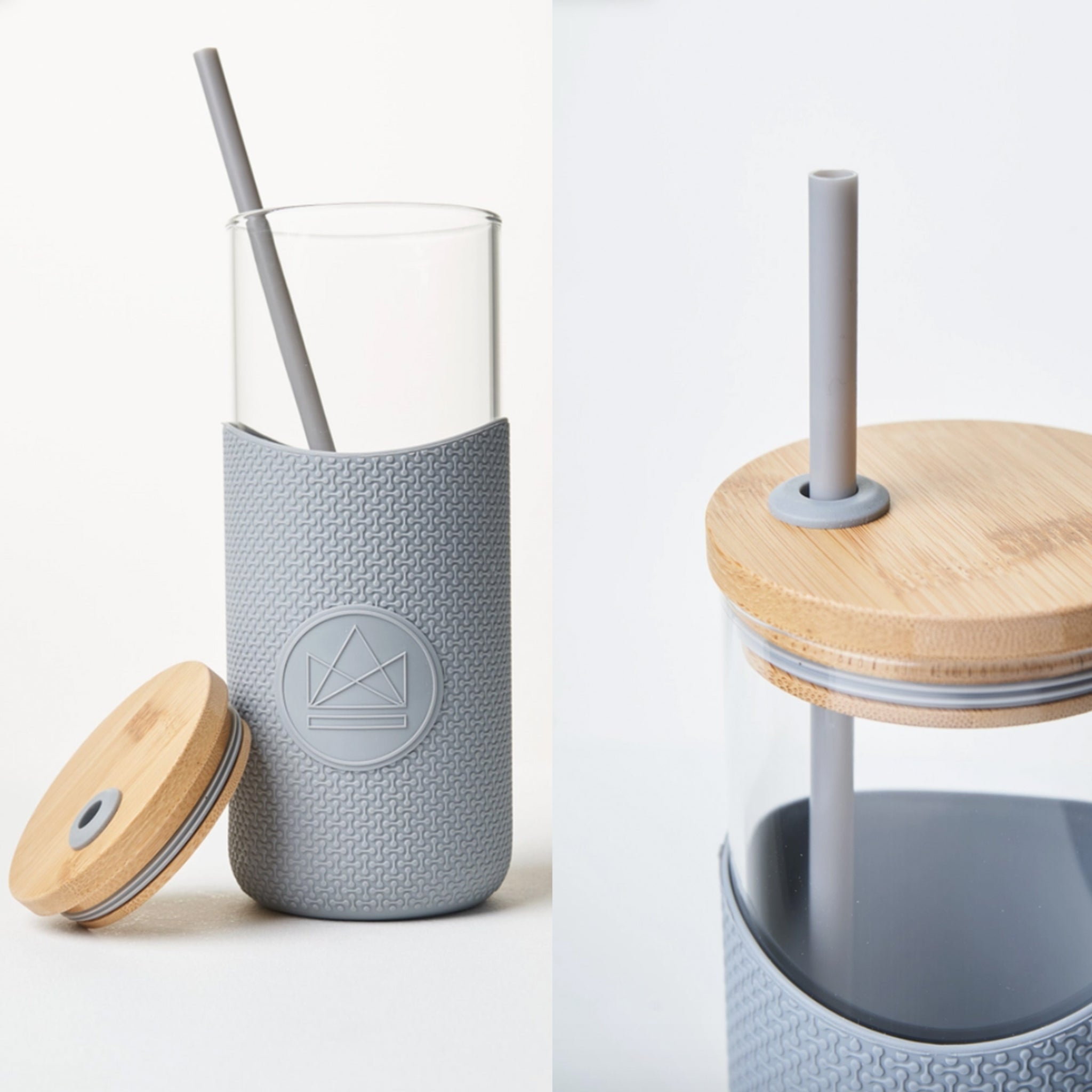 Grey Glass Water Bottle with Straw