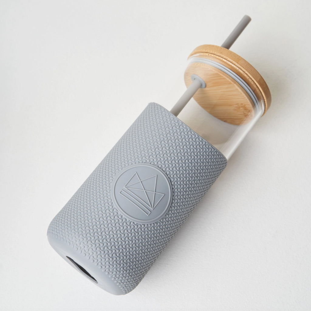 Grey Glass Water Bottle with Straw